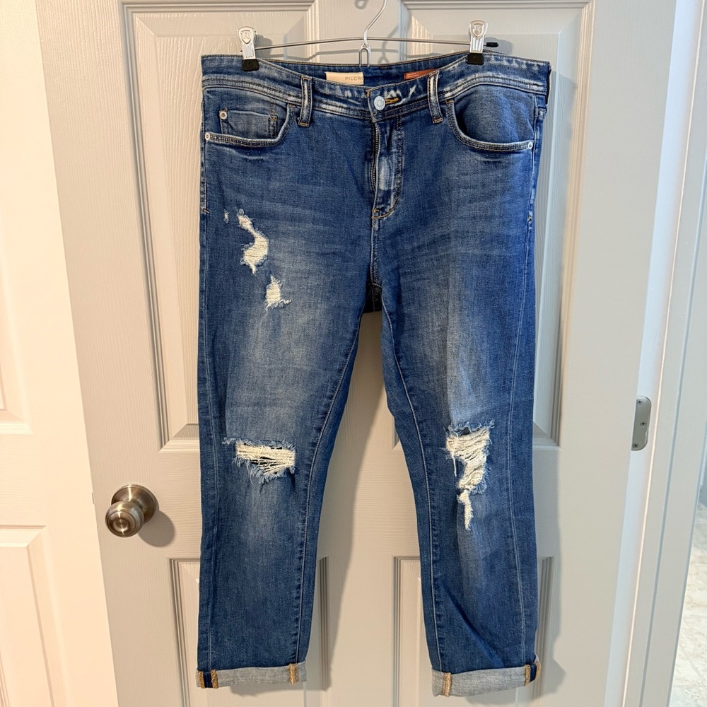 Pilcro Distressed Boyfriend Jeans in Classic Blue Wash